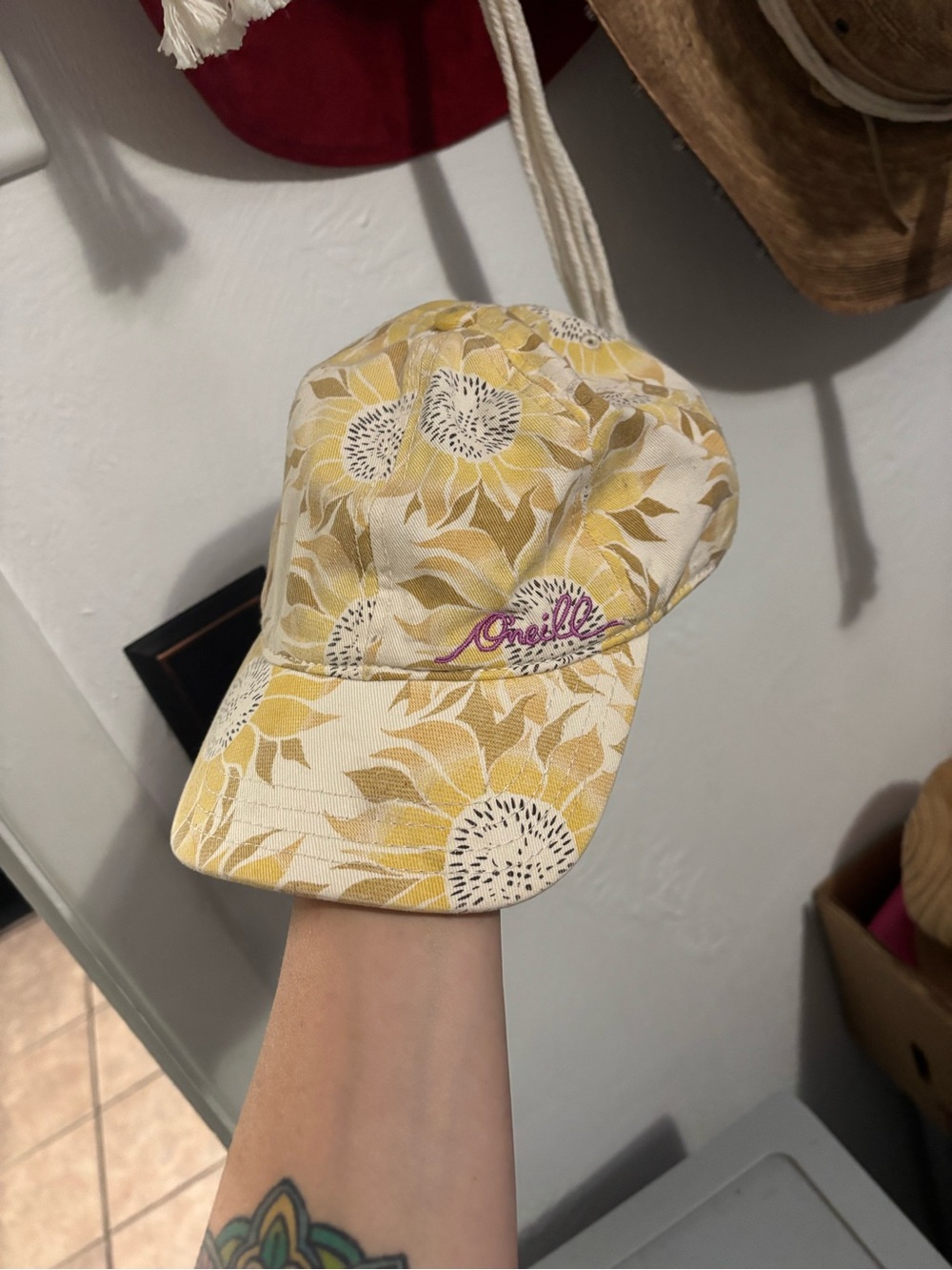 O'Neill Yellow Floral Sunflower Cap with Pink Logo